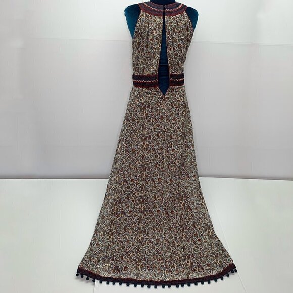 Talitha Silk Maxi Dress Medium Floral Boho Hand Beaded Pom Pom Hemline - Picture 9 of 16